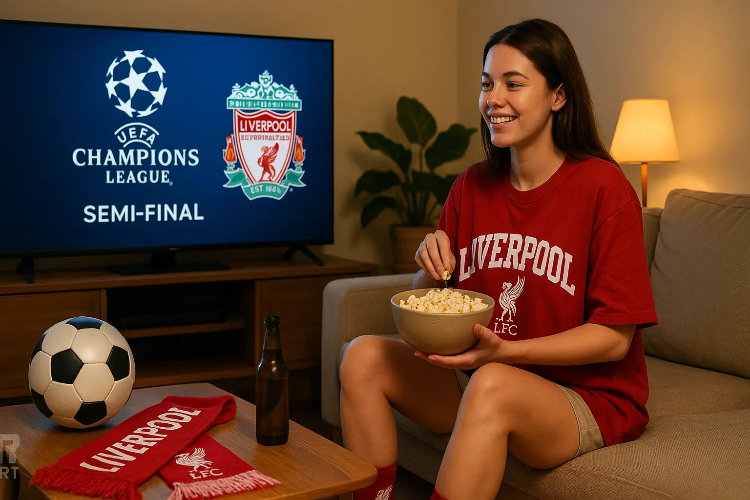 Xem bóng đá tại nhà với áo thun đội tuyển Cô gái mặc áo thun đội tuyển Liverpool xem bóng đá tại nhà, chọn size áo thun thông thoáng đẹp mùa hè